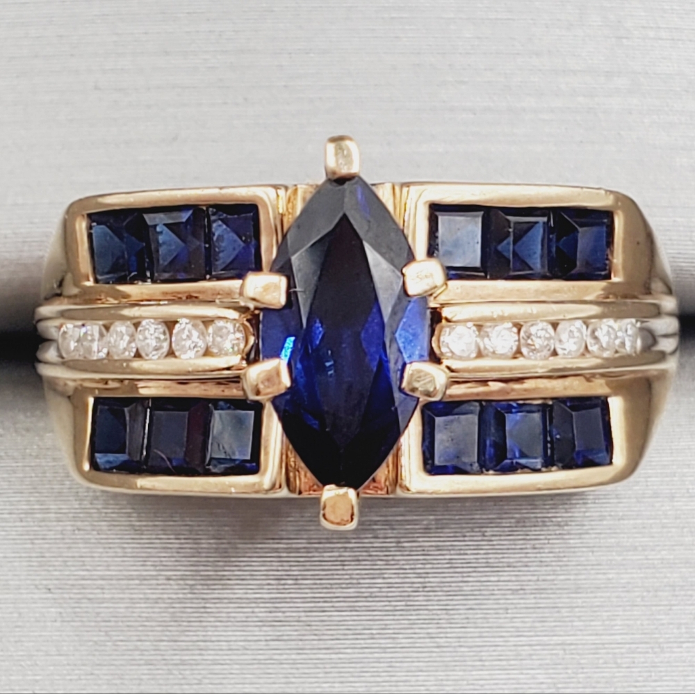 10k Solid Yellow Gold Genuine Marquise Blue Sapphire & Diamond Statement Ring